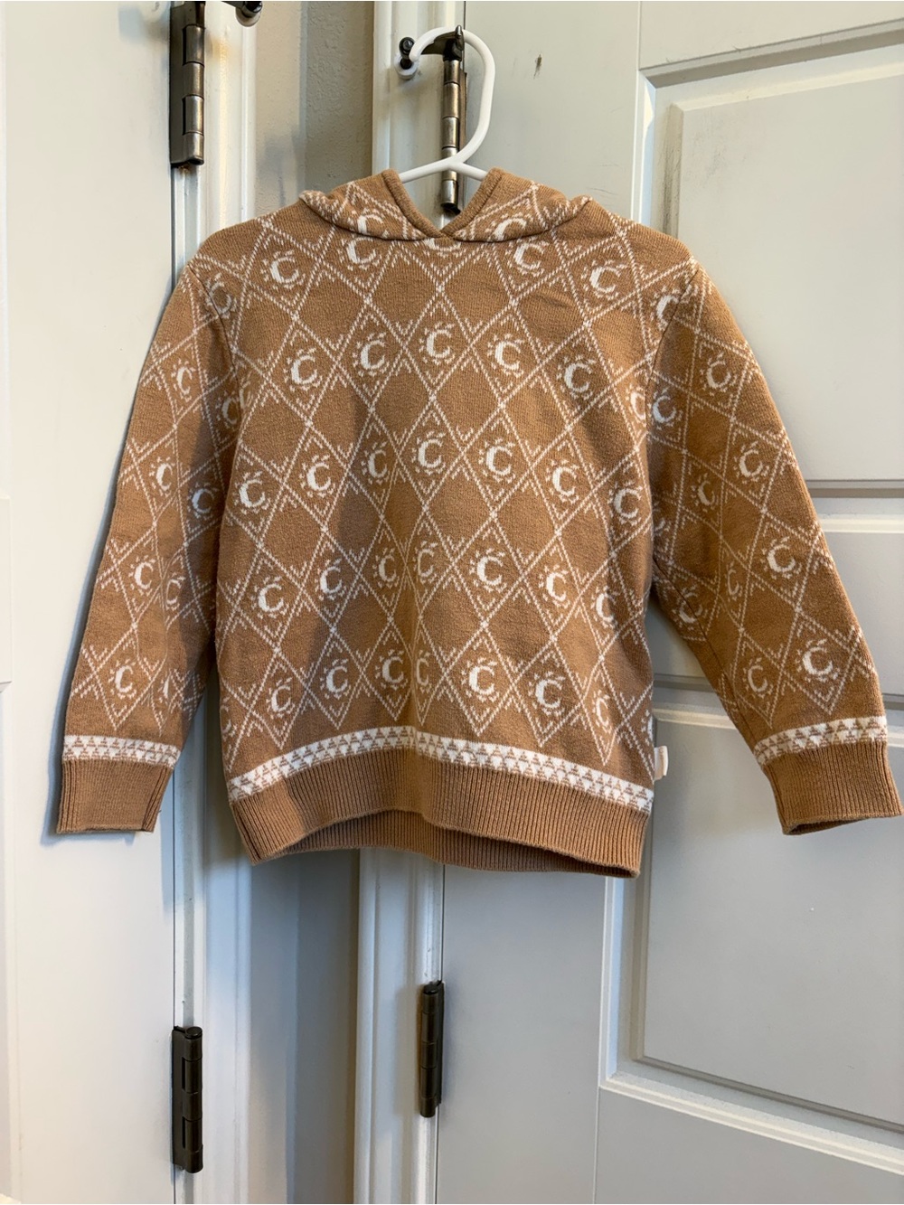 Chloe Size 4 Camel and White Diamond Logo Hooded Knit Sweater